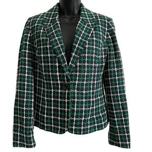 VTG Pendleton Navy Green White Woven Jacquard Silk/Cotton Blazer Jacket‎ Women 8